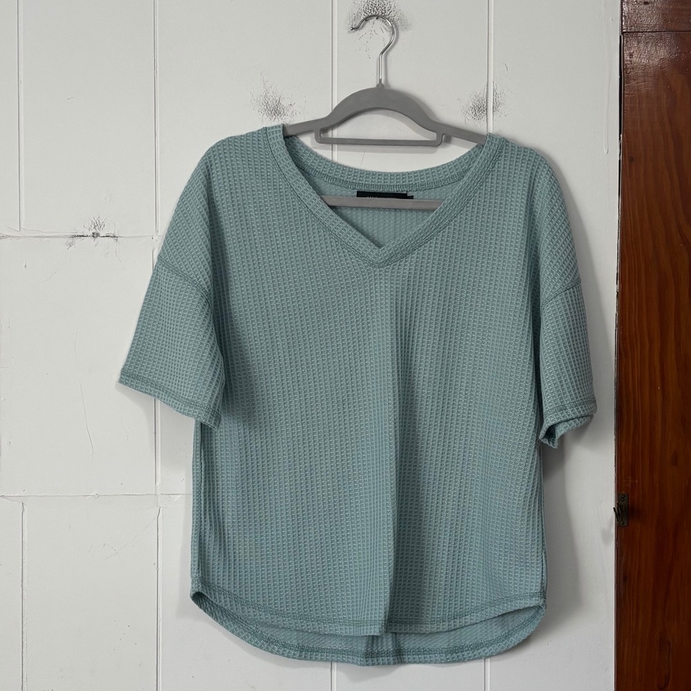 Merokeety Womens Sage Green Waffle Knit V-Neck Short Sleeve Relaxed Top Small